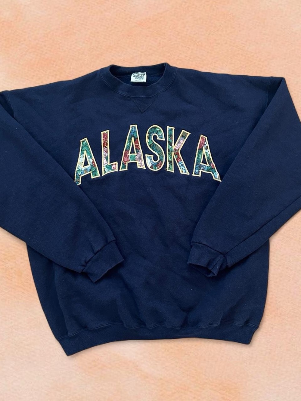 Vintage Crewneck Alaska Floral Embroidered Navy SZ XL 90s Cottage Whimsical